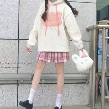 Japonijos Kawaii Paauglių Mergaičių, Purus Hoodies Derliaus Streetwear Negabaritinių Cute Mados Rožinė Žiemos Drabužių, Vilnos Ilgomis Rankovėmis Hoodie