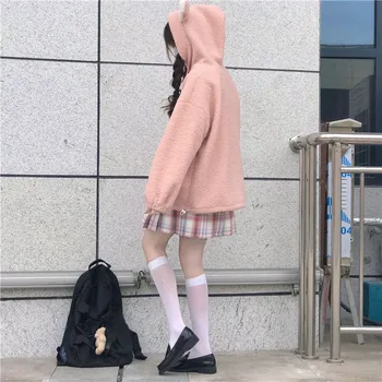 Japonijos Kawaii Paauglių Mergaičių, Purus Hoodies Derliaus Streetwear Negabaritinių Cute Mados Rožinė Žiemos Drabužių, Vilnos Ilgomis Rankovėmis Hoodie
