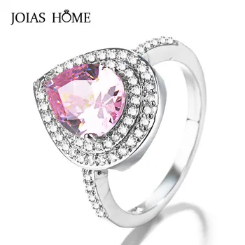 JoiasHome Prabanga 925 Sidabro Žiedas Europa ir Jungtinės amerikos valstijos visą deimantas, rožinis perlas lašas kriaušės formos žiedas vestuves dovana