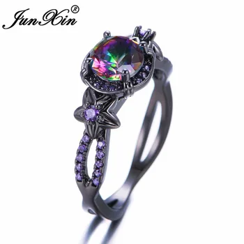 JUNXIN Moterų Rainbow Ring Blue Crystal Cirkonis Žiedai Juodojo Aukso Užpildytas Papuošalai Senovinių Vestuvinių Žiedų Moterims Geriausias Draugas Dovanos