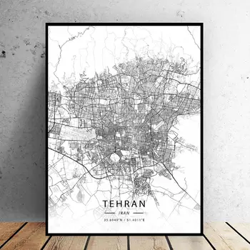 Juoda ir Balta Tehran, Iranas, Balta Platuma, Ilguma, Drobė Meno Žemėlapį Plakatas
