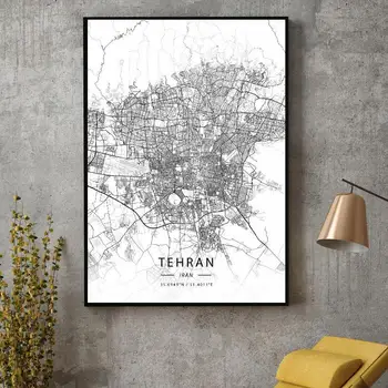 Juoda ir Balta Tehran, Iranas, Balta Platuma, Ilguma, Drobė Meno Žemėlapį Plakatas