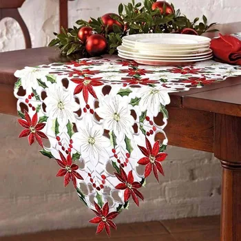 Kalėdų Siuvinėtos Stalo Runner Puikūs Aukštos Kokybės Dekoratyvinis Poinsettia Holly Lapų Stalo Tekstilė Apdaila