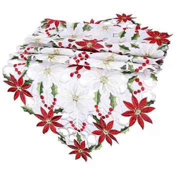 Kalėdų Siuvinėtos Stalo Runner Puikūs Aukštos Kokybės Dekoratyvinis Poinsettia Holly Lapų Stalo Tekstilė Apdaila