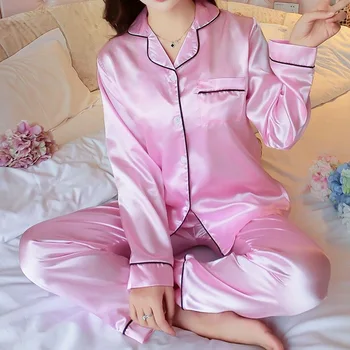 KANCOOL Moterų Šilko Satino Pižama Pižamos Nustatyti ilgomis Rankovėmis Sleepwear Pižama Kostiumas Moterų Miego Dviejų dalių Loungewear Plius Dydis