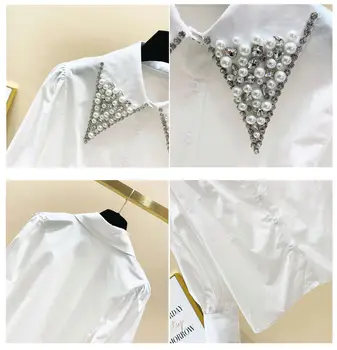 Karoliukai Diamond Lėlės Apykakle Balti Marškinėliai Moterims 2021 M. Pavasarį, Rudenį Naujų Prarasti Lady Elegantiškos Viršų Moteriška Visas rungtynes, Palaidinė Blusa
