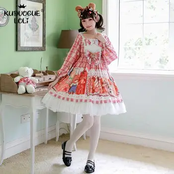 Kawaii Lolita OP Suknelė Mergina ilgomis rankovėmis Japonų Stiliaus Princesė Raukiniai, Nėriniai Bowknot Spausdinimo Antspaudas Lokys 
