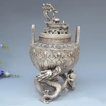 Kinija Tibeto sidabro ranka raižyti drakono statula smilkalų degiklis