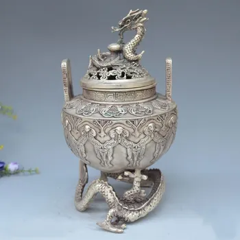 Kinija Tibeto sidabro ranka raižyti drakono statula smilkalų degiklis