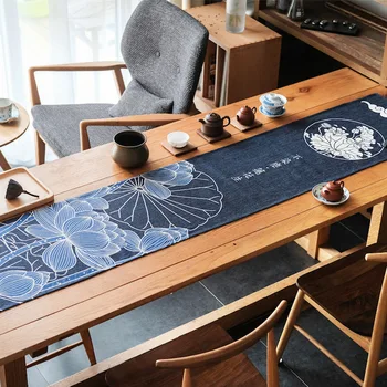 Kinų stiliaus medvilnės skalbiniai deep blue lotus spausdinti stalo runner zen stiliaus arbatos stalo staltiesė retro lova runner rankšluostį namų dekoro