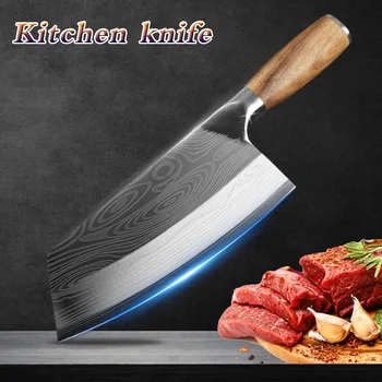 Kinų Virtuvės Peilis Damaske Lazerio Modelį, Nerūdijančio Plieno Mėsininko Peilis su medine Rankena Mėsininko Peilis