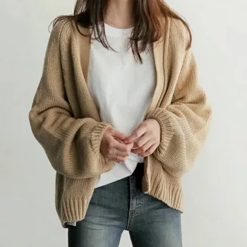 Klasikinis Korėjos Prašmatnus Tingus Stiliaus Megztinis Moteriška Prarasti Studentų Vientisa Spalva Paprastas Trumpas Džemperis Cardigan