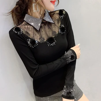 Korėjos Drabužių Seksualus Kratinys Nėrinių Deimantų Marškinėlius Moterims 2019 M. Rudenį, Žiemą, Su Vilnos Nagų kamuolys Viršūnes Ropa Mujer Tees T9N907