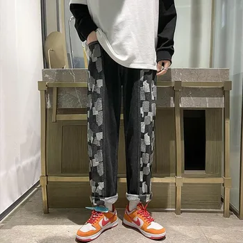 Korėjos Pledas Džinsai Vyrų Mados Retro Atsitiktinis Plataus kojų Džinsai Vyrams Streetwear Prarasti Hip-hop Tiesiai Džinsinio audinio Kelnės Mens S-2XL