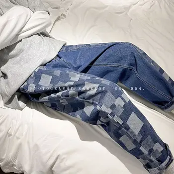 Korėjos Pledas Džinsai Vyrų Mados Retro Atsitiktinis Plataus kojų Džinsai Vyrams Streetwear Prarasti Hip-hop Tiesiai Džinsinio audinio Kelnės Mens S-2XL
