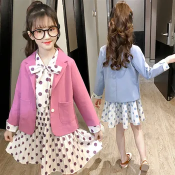 Korėjos Stiliaus Elegantiškas Vaikai Mergina Švarkas Suknelė Tinka Drabužių Rinkinį, Pavasarį, Rudenį Slim Vaikas Dviejų dalių Švarkas Švarkas Suknelė Set 4-13T