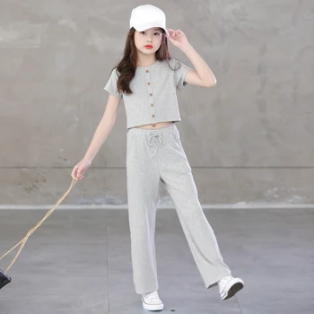 Korėjos Stiliaus Mergaičių Drabužių 2020 Metų Vasaros Paauglių Mergaičių Drabužiai Nustatyti Paprastas Atsitiktinis Šonkaulių Viršūnės+Kelnės Kostiumas DT130