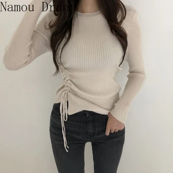 Korėjos versija prašmatnus nereguliarus suvarstomi raišteliu dugno megztinis moterų rudenį ir žiemą naujas plonas megztinis (puloveris)