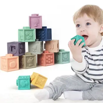 Kūdikių Suvokti Žaislas Silikono Blokai 12pcs 3D Paliesti Ranka, Minkšti Kamuoliukai, Kūdikių Masažas Gumos Teethers Išspausti Žaislas Vonios Kamuolys, Žaislai