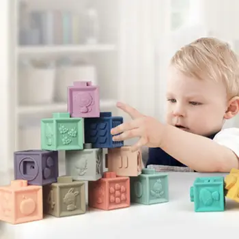 Kūdikių Suvokti Žaislas Silikono Blokai 12pcs 3D Paliesti Ranka, Minkšti Kamuoliukai, Kūdikių Masažas Gumos Teethers Išspausti Žaislas Vonios Kamuolys, Žaislai