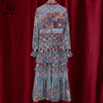 LD LINDA DELLA Naujas 2021 M. Vasarą kilimo ir tūpimo Tako Elegantiška, Undinėlės Suknelė Moterims Sudegintasis Rankovėmis Spausdinti Akių Raukiniai Vintage Mada 