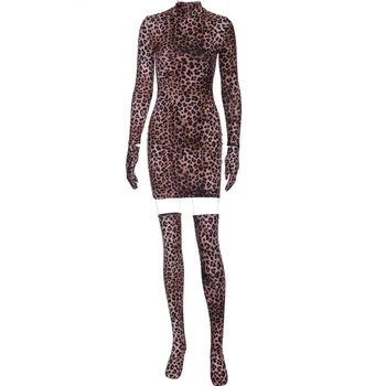 Leopardas Spausdinti ilgomis Rankovėmis, Pirštines, Seksualus Bodycon Mini Suknelė su Kojinės Žiemos Klubas Suknelės Moteris vakarėlis D70-AB82