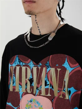 LINDSEY SEADER Vyrų Hip-Hop Marškinėliai Širdis Nivana Harajuku Streetwear Marškinėlius ilgomis Rankovėmis Medvilnės Marškinėliai Mados Viršų Tee Negabaritinių