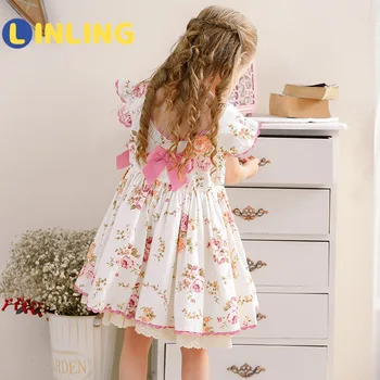 LINLING Vaikų ispanų Stiliaus Saldus Gėlių Suknelė Lolita Lankas Spausdinti Gėlių Klasikinis Retro Raukiniai Šalies Vaikai Cute Girl Dress V441