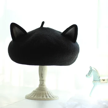 Lolita Japonų Stiliaus Moteris Beretė Mori Mergina black 3D mielas Kačių Ausų Kepurę Žiemą Vilnonių Cosplay Helovinas Kasdien galvos Apdangalai Rekvizitai