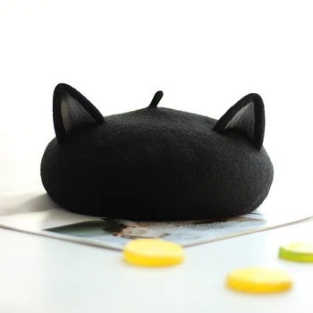 Lolita Japonų Stiliaus Moteris Beretė Mori Mergina black 3D mielas Kačių Ausų Kepurę Žiemą Vilnonių Cosplay Helovinas Kasdien galvos Apdangalai Rekvizitai