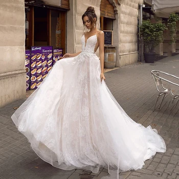 LORIE Linijos, Backless Vestuvių Suknelė 2019 Seksualus Spagečiai Dirželiai Nuotakos Suknelė 3D Nėrinių Gėlių Fėja Paplūdimys Vestuvių Suknelės