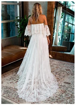 LORIE Vestuvių Suknelė Nėrinių Linija Derliaus Princesė Boho Vestuvių Suknelė Balta Dramblio kaulo Nuotakos Suknelė Blyksnius Rankovėmis Beach Nuotakos Suknelė 2019