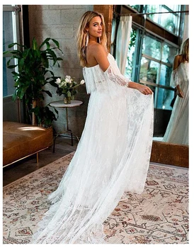 LORIE Vestuvių Suknelė Nėrinių Linija Derliaus Princesė Boho Vestuvių Suknelė Balta Dramblio kaulo Nuotakos Suknelė Blyksnius Rankovėmis Beach Nuotakos Suknelė 2019