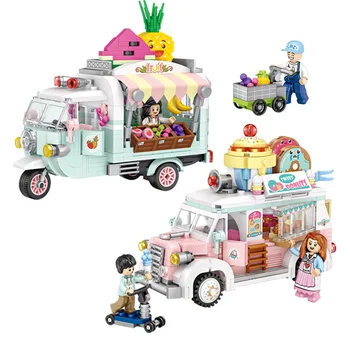 Loz miniblock vaisių triratis desertas automobilio modelį naktį turgaus prekystalio kūrimo bloką su berniukas ir mergaitė žaislas vaikams, dovanos