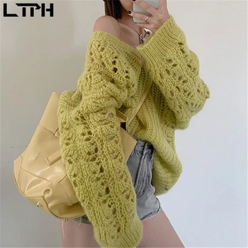 LTPH laisvo stiliaus V-Kaklo Moheros Megzti megztinis džemperis Mados tuščiaviduriai Kietas ilgomis rankovėmis moteris megztiniai 2020 m. Rudens, Žiemos, nauja