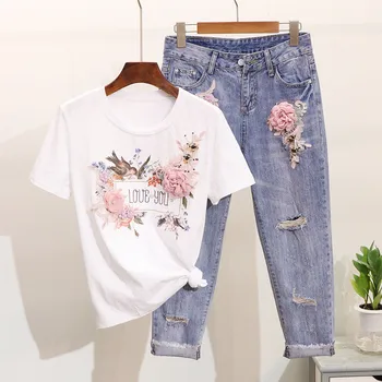 LUOSHA Moterų 2020 m. 2vnt Vasaros Stilingas Siuvinėjimo 3D Gėlių Trumpas Rankovėmis Marškinėlius+Sunkus Darbas Jean Rippered Skylę Džinsinio audinio Kelnės Kostiumas