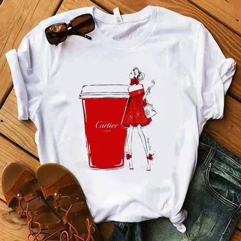 Mada Marškinėliai Lady Prabanga sudaro Surinkimo Kavos T-Shirt Moterims, Vasaros Atsitiktinis Viršūnes Mergina Hipster T-shirts