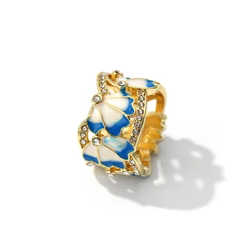 Madingas ir Prabangus Lady Lapų Mėlyna Emalį Tuščiaviduriai 925 Sidabro Žiedas Cirkonis Vestuvių Papuošalai, Žiedas, Vestuviniai Žiedai, Aukso