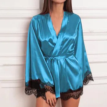 Mados Moterys, Merginos, Sexy ilgomis Rankovėmis nėrinių Apatinius Imitacija Ledo Šilko Sleepwear Nustatyti Lady Nightgowns