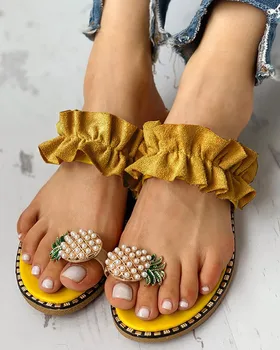 Mados Šlepetės Moterims 2020 Rankų Darbo Mergaičių Pearl Plokščiadugnis Kojų Ananasų Sandalai Bohemiškas Stilius Romos Lauko Paplūdimio Bateliai