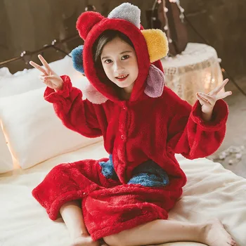 Mados Žiemą Vaikai Chalatas su Gėlių Flanelė Gobtuvu Šiltas Sleepwear už nepilnametės Vaikų Raudona Vieną Mygtuką Homewear