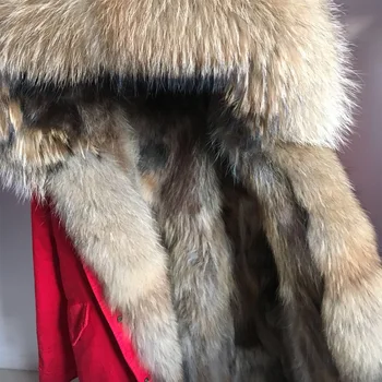Maomaokong Nekilnojamojo Fox Fur Coat Žiemos Striukė Moterims, Ilgai Parko Gamtos Meškėnas Kailių Apykaklės Gaubtu Storos Šiltos tikro Kailio Įdėklas Parkas