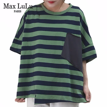 Max LuLu 2020 Naujas Vasaros Korėjos Mados Stilius Ponios Prarasti Viršūnes Moterų Atsitiktinis Dryžuotas Tshirts Derliaus Medvilnės Negabaritinių Streetwear