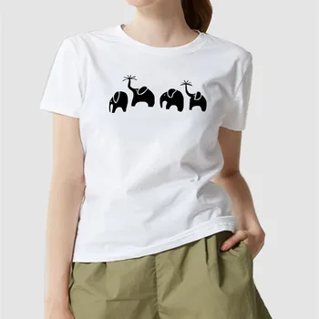 Medvilniniai moteriški marškinėliai korėjos mielas dramblys spausdinti marškinėliai atsitiktinis trumpas rankovėmis viršų O-kaklo Harajuku marškinėliai balti paprasti marškinėliai