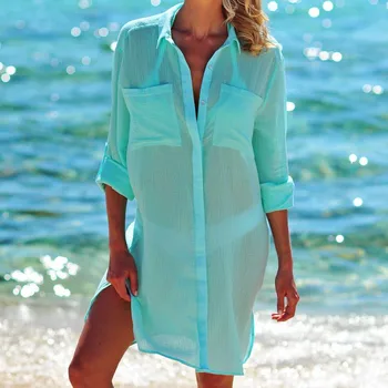 Medvilnės Padengti Iki Paplūdimio Moteris Balti Pajūrio Atostogų Ilgai Shirtdress Matyti Per Laisvi 2019 M. Vasaros Saulės Apsaugos Bikini Suknelė