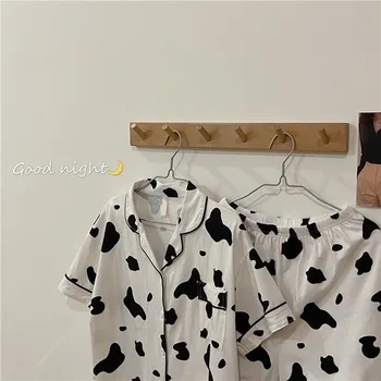 Medvilnės Pižama Moterims, Mielas Karvių Spausdinti Atsitiktinis Patogiai Homewear Dviejų Dalių Sleepwear Moterų Summer Set