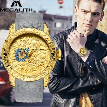 MEGALITH Aukso Drakonas Skulptūra Vyrų Automatinis Mechaninis laikrodis Top Brand Prabangus Laikrodis atsparus Vandeniui Silikono Dirželis Erkek Kol Saati