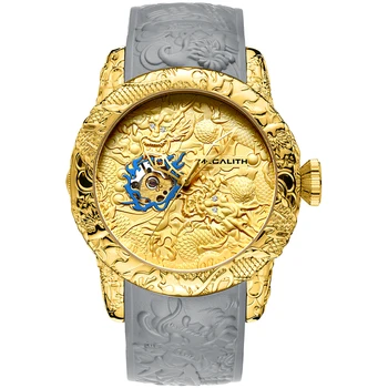 MEGALITH Aukso Drakonas Skulptūra Vyrų Automatinis Mechaninis laikrodis Top Brand Prabangus Laikrodis atsparus Vandeniui Silikono Dirželis Erkek Kol Saati