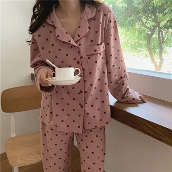 Meilė širdies spausdinti mielas pižama nustatyti moterų sleepwear namų kostiumas šlifavimo pavasarį, rudenį long sleeve top kelnes 2vnt namų drabužių Y248