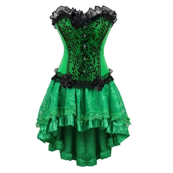 Merginos žalia korsetas suknelė plius dydis moteriškas apatinis trikotažas, cosplay kostiumai, seksualus naktinis klubas egzotinių nėrinių korsetas bustiers su sijonu nustatyti trumpi 6XL
